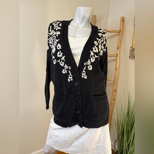 Vintage 90s JH Collectibles L Cardigan Sweater Black Embroidered Flowers Wool